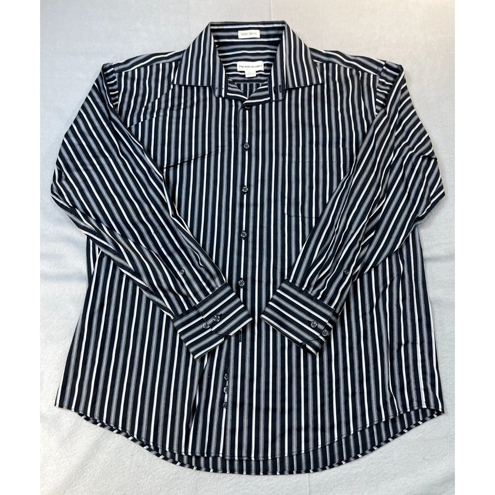 Pronto Uomo Shirt Large Mens Black Gray‎ White Striped Non Iron Button up